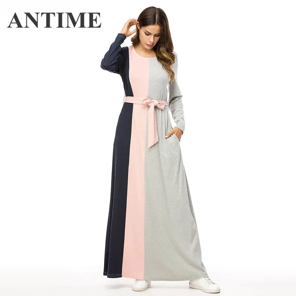 ANTIME Knitted Warm Winter Dresses with Pockets Sash O Neck Long Sleeve