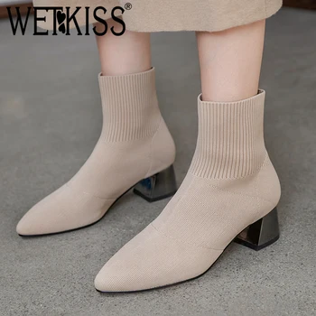 

WETKISS Knitting Ankle Boots Women Pointed Toe Stretch Booties Sock Shoes Female Fashion Thick High Heels Shoes Ladies Winter