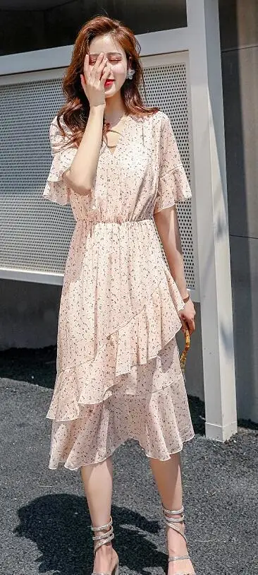 LIGHT PINK Новинка,, женские модные тонкие платья с принтом шифоновый Летний Пляжный мягкий vestidos, для школьниц, Элегантный Размер L# A312 - Цвет: LIGHT PINK