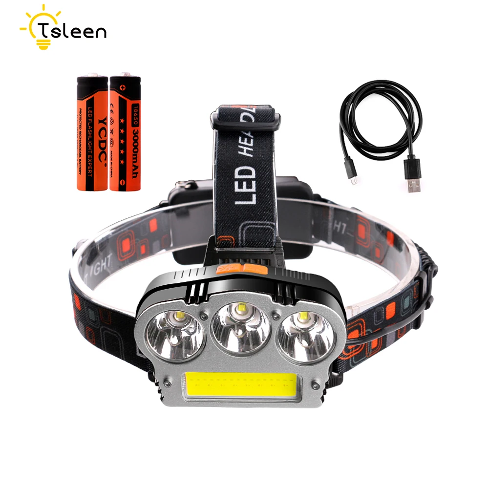 

HOT Waterproof 7 Modes 1000LM LED Headlamp CREE 3*T6+COB LED Rechargeable Headlight Head Lamp Spotlight +18650 Battery+USB Cable