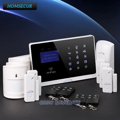 

HOMSECUR (Support EN / RU voice) LCD Wireless GSM Home Burglar Intruder Alarm System, Pet Friendly PIR Detectors, RFID Cards