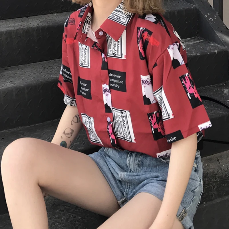 

2019 New Korean Button Cartoon Print Women Blouse Fashion Summer female Shirts Short Sleeve Loose Casual Vintage Female Blusas