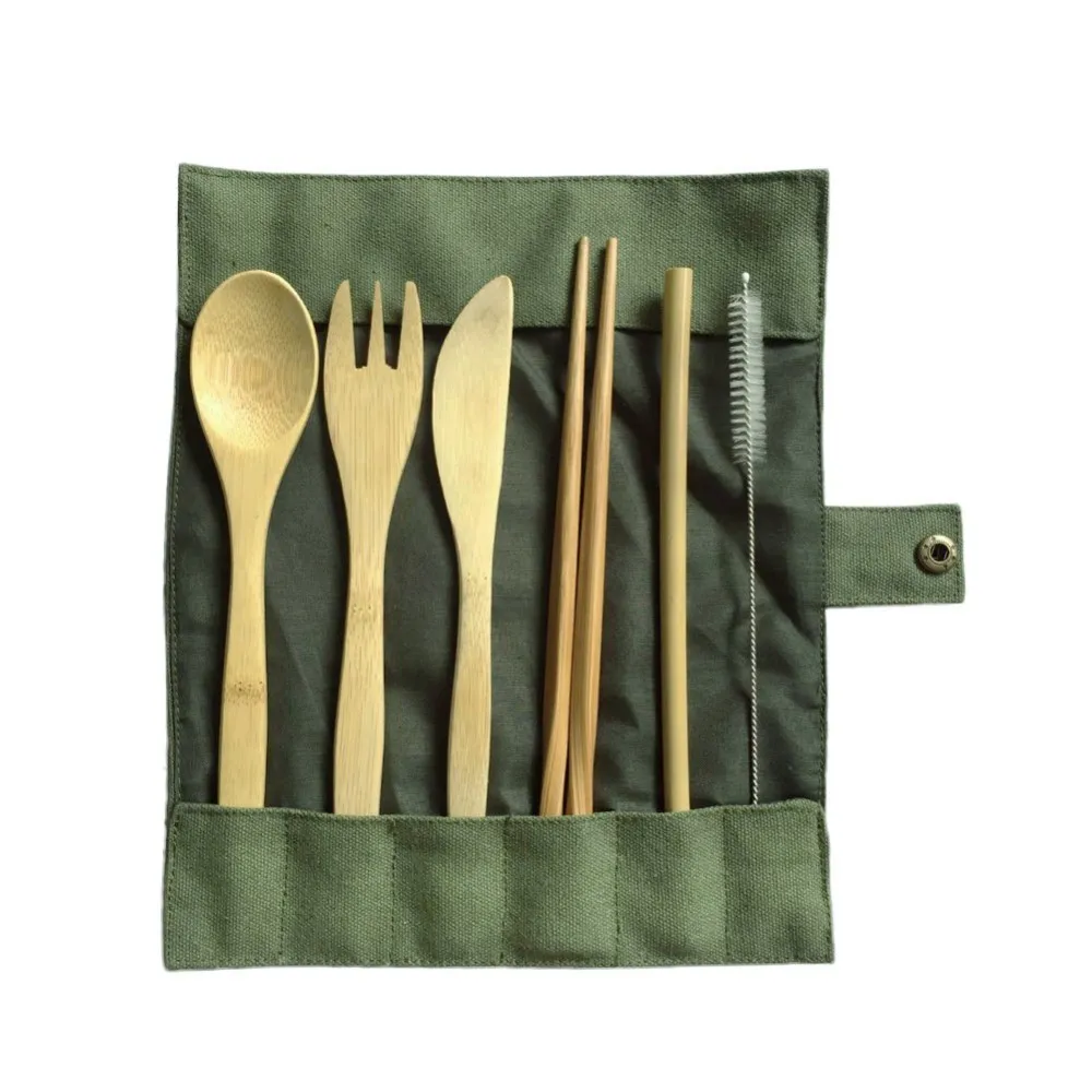 

6Pcs/set Wooden Dinnerware Set Bamboo Fork Knife Soup Teaspoon Catering Cutlery Set With Cloth Bag Kitchen Cooking Tools Utensil