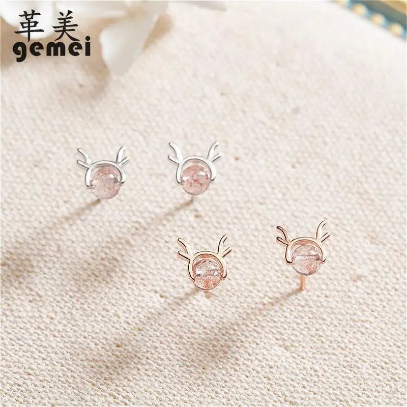

Gemei New 925 Sterling Silver Stud Earring Women Jewelry Deer Strawberry Crystal Earings Fashion Jewelry For Women