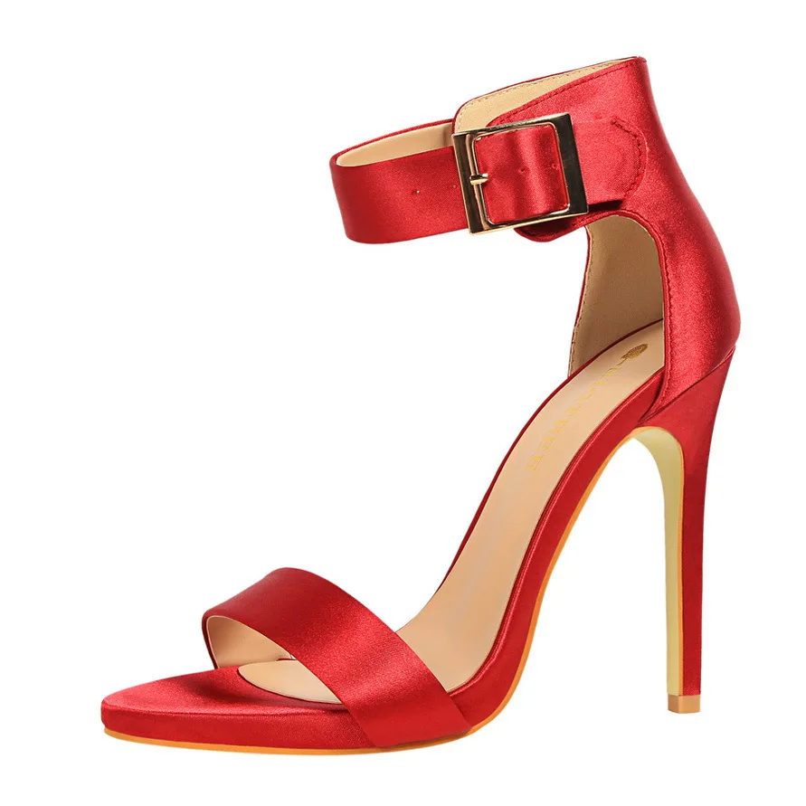 comprar BIGTREE Verão Feminino Bombas Europeus Sexy Cetim De Seda Elegante Sandália De Salto Alto Cinto de Fivela de Metal Sandálias de Salto Stiletto G1408 1