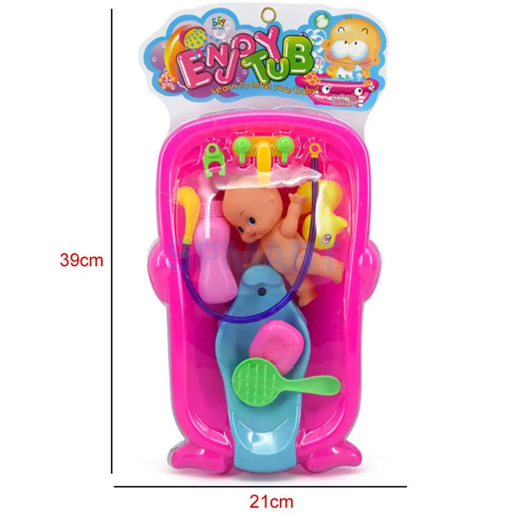 Set of Toddler Baby Adult Role Pretend Play Game Doll Bath in Bathtub Developmental Preschool Water Toy w/ Doll Gift Red