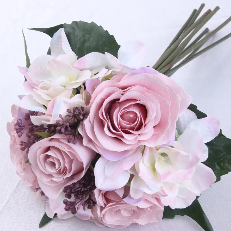Свадебный букет невесты ручной цветок искусственный букет роз Шелковый Пион Гортензия гибридные цветы вечерние дома Рождество Декор Роза - Цвет: Розовый