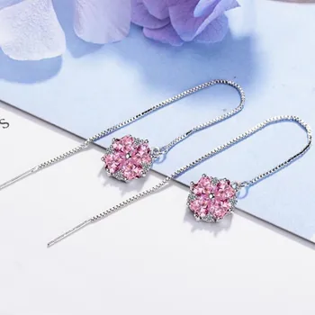 

New Beautiful Fashion 925 Sterling Silver Jewelry Temperament Pink Crystal Cherry Blossom Long Ear Line Dangle Earrings SE490