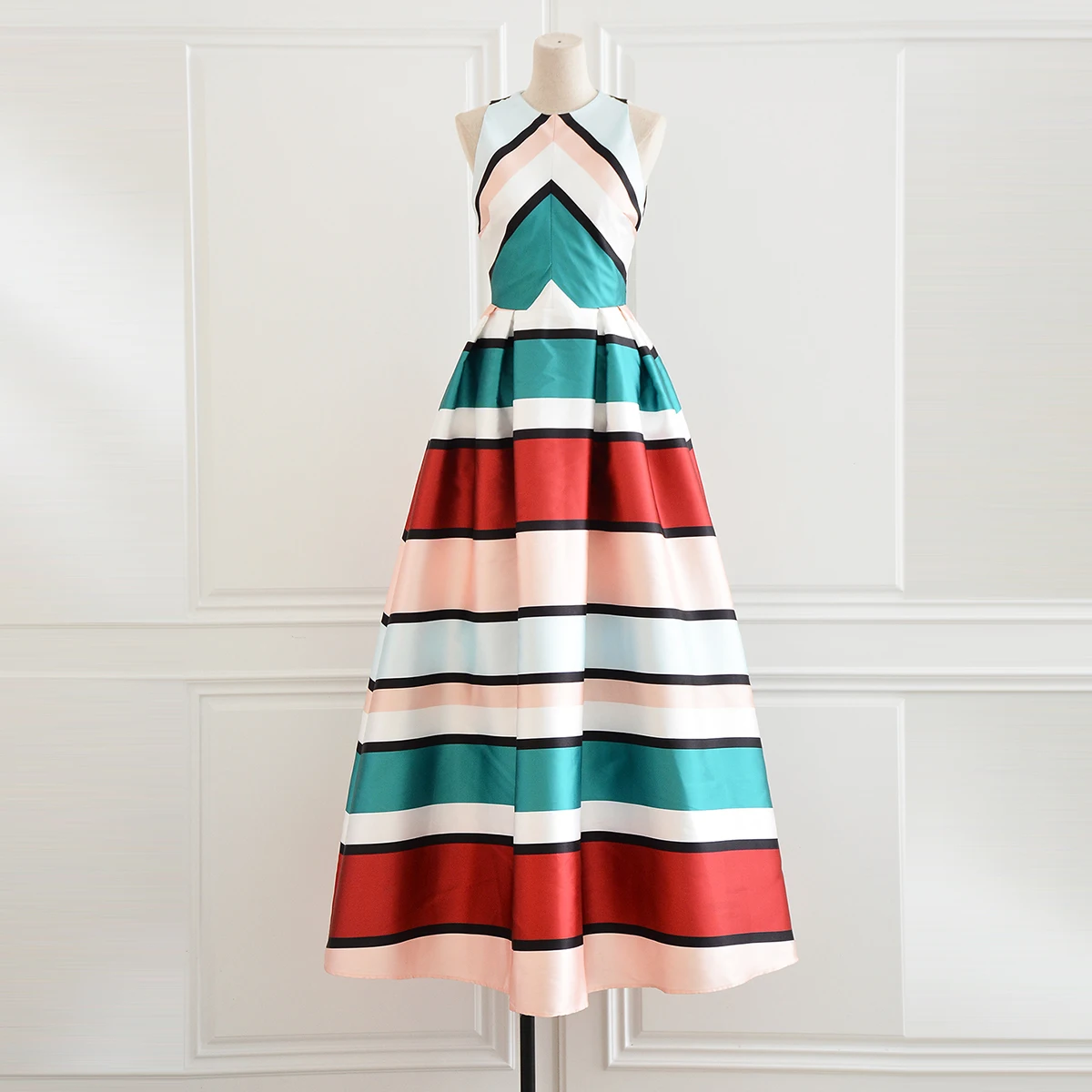 

2017 Newest Fashion High End Fabric Green Orange High Quality Stripe O-neck Sleeveless Slim High-Grade Formal Long Dress