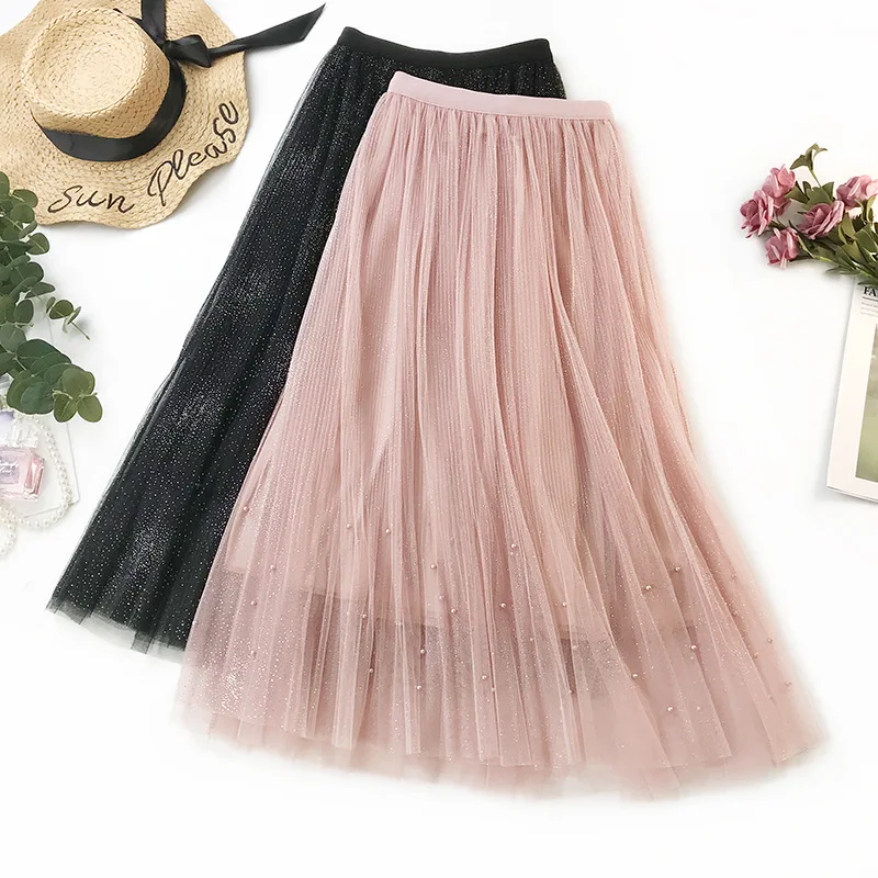 

Summer Spring tulle skirt Pleated Long Skirt Women 2019 High Waist black tutu skirt Feminina voile vintage Pearl skirt lady bow
