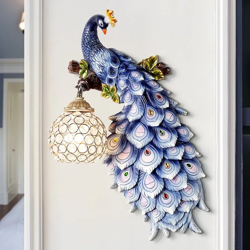 

European Wall Lamp Living Room Background Creative Resin Wall Light Bedroom Peacock Wall Light Aisle Staircase led Crystal Lamps