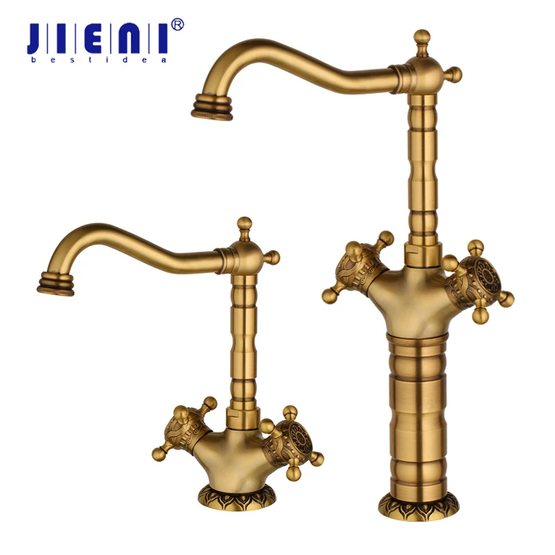 

JIENI Swivel Antique Brass Small Tall Stream Spout Rotat Dual Handles Kitchen Bathroom Basin Sink Faucet Mixer Tap Water Faucet