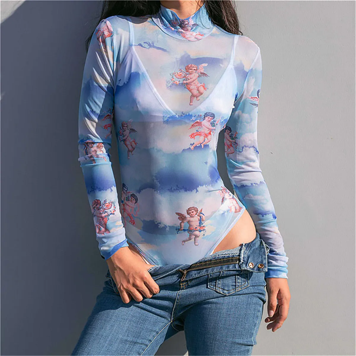 

Women's Sexy Mesh Sheer Bodysuits Top Boho Floral Romper Slim High Collar Transparent Long Sleeve Skinny Jumpsuit Bodysuit