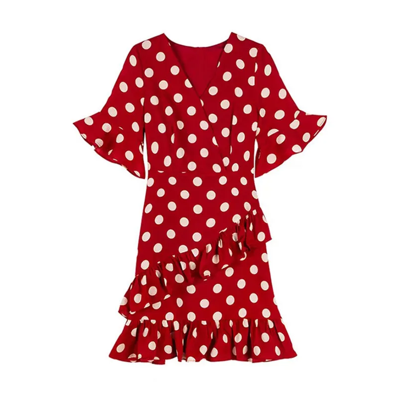 Шифоновое красное платье в горошек для женщин, v-образный вырез, Русалка, высокая талия, богемные винтажные платья, модная пляжная одежда для отдыха