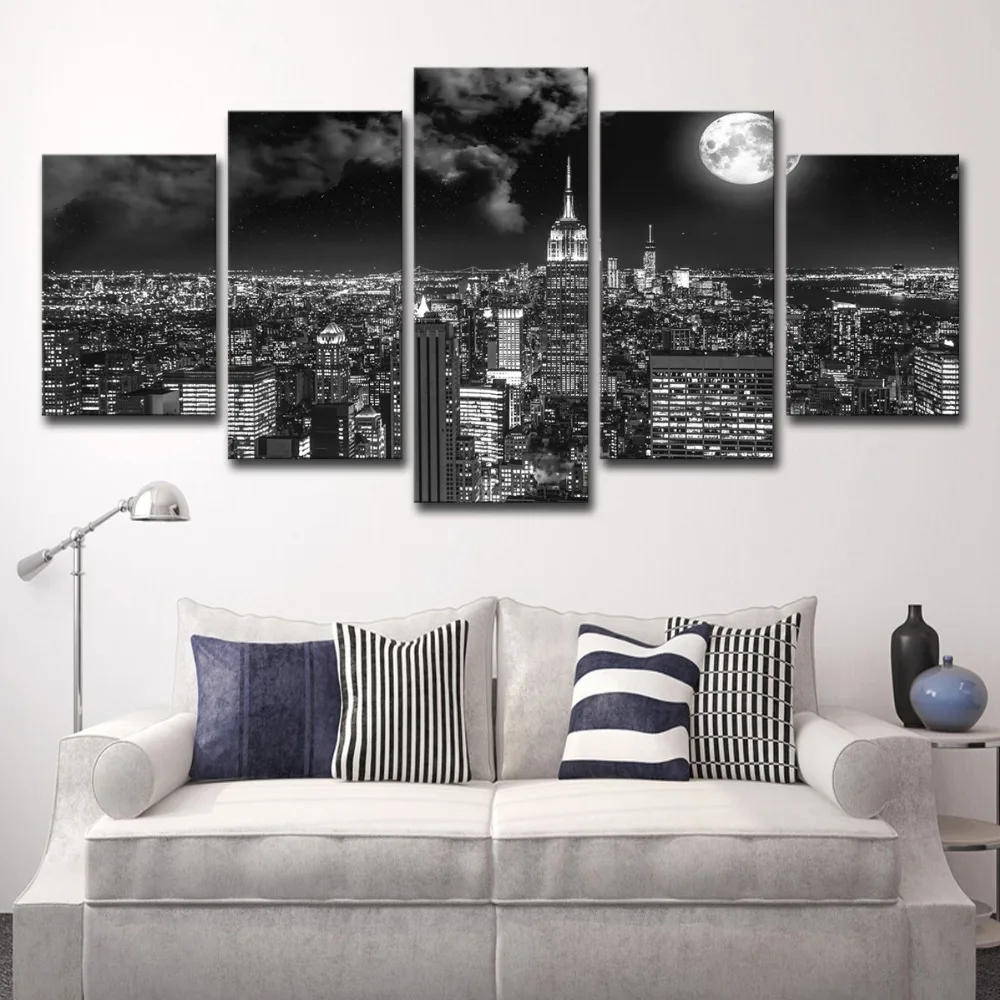 5P0175 Canvas Prints Poster Wall Art Pictures 5 Pieces Surreal City Night Brightly Moon Landscape Paintings Living Room Decor Framework  (16)