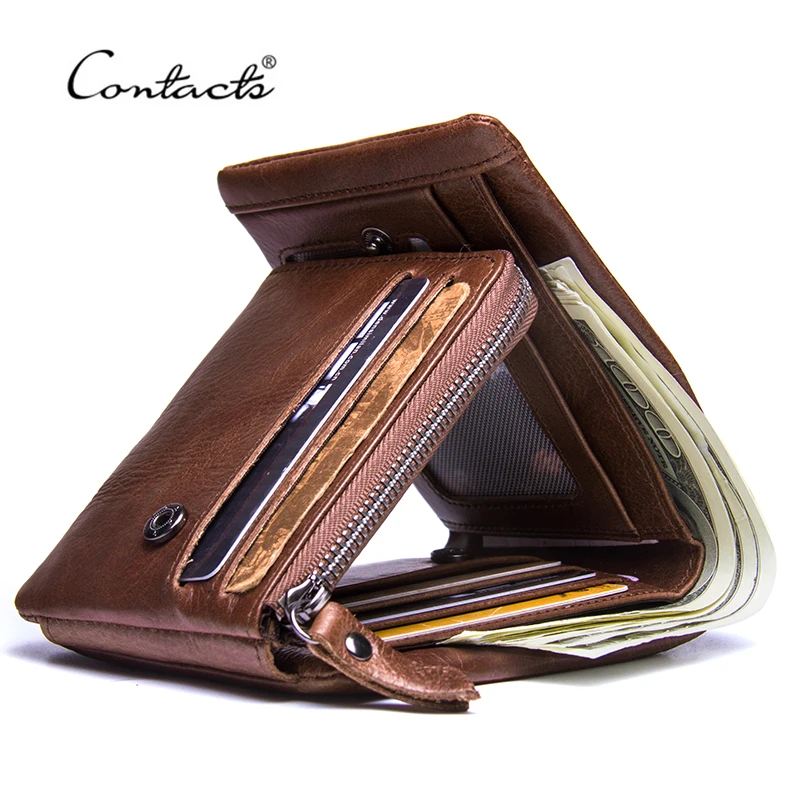 CONTACT&#39;S Genuine Crazy Horse Leather Men Wallets Vintage Trifold Wallet Zip Coin Pocket Purse ...