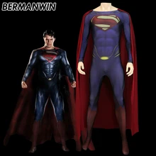 BERMANWIN Высокое качество Супермен костюм Человек стальной костюм 3D принт Супермен костюм накидка Хэллоуин Косплей Костюм взрослых мужчин