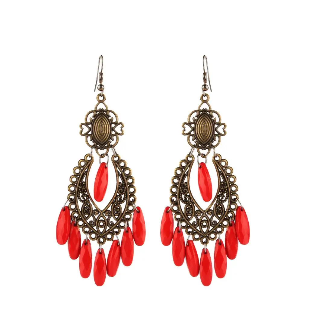 Women Behomia Hollow Flower Alloy Hook Style Earringd Ethnic Odd Beads Drop Long Tassel Fringe Earrings 