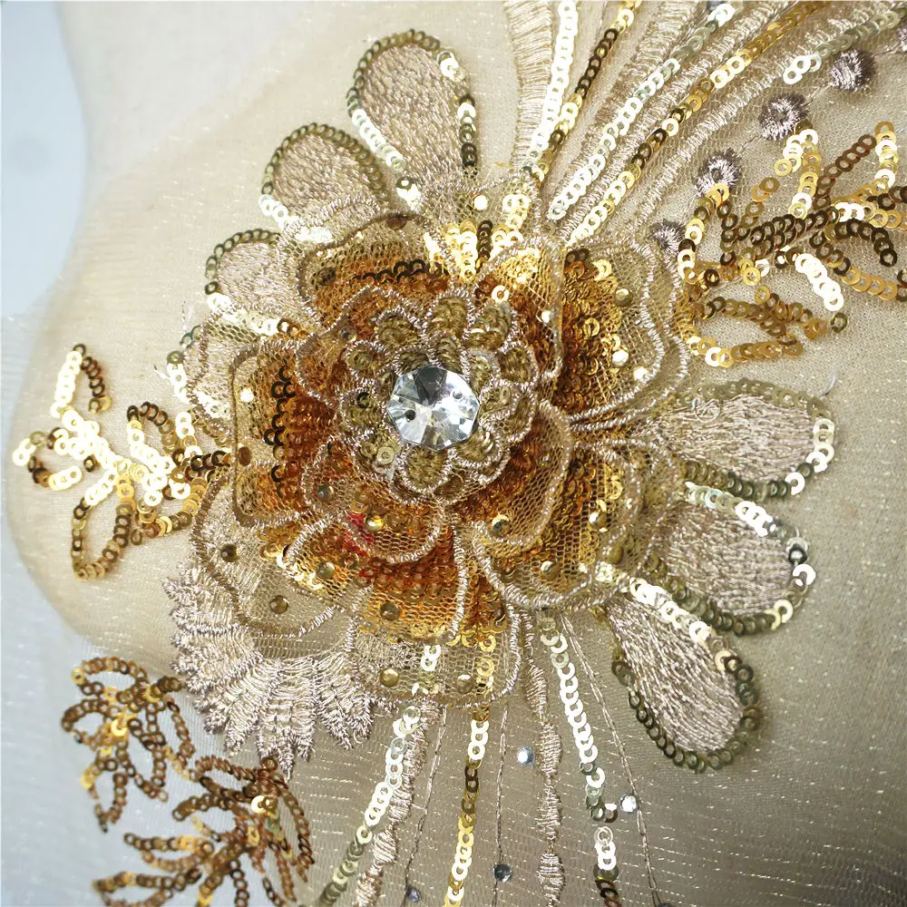 Золотые, серебряные, с блестками, 3D Цветы, кисточки, Аппликации, вышитые, кружево, сетка, стразы, пришить патчи для свадебного платья, сделай сам, украшение