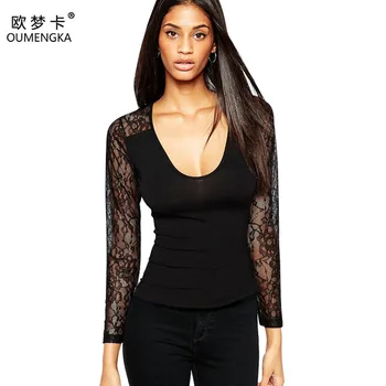 

OUMENGKA New Fashion Women O-neck Lace Patchwork T-shirt Tops Lace Long Sleeve Clothing Black Colour Free shipment XXL