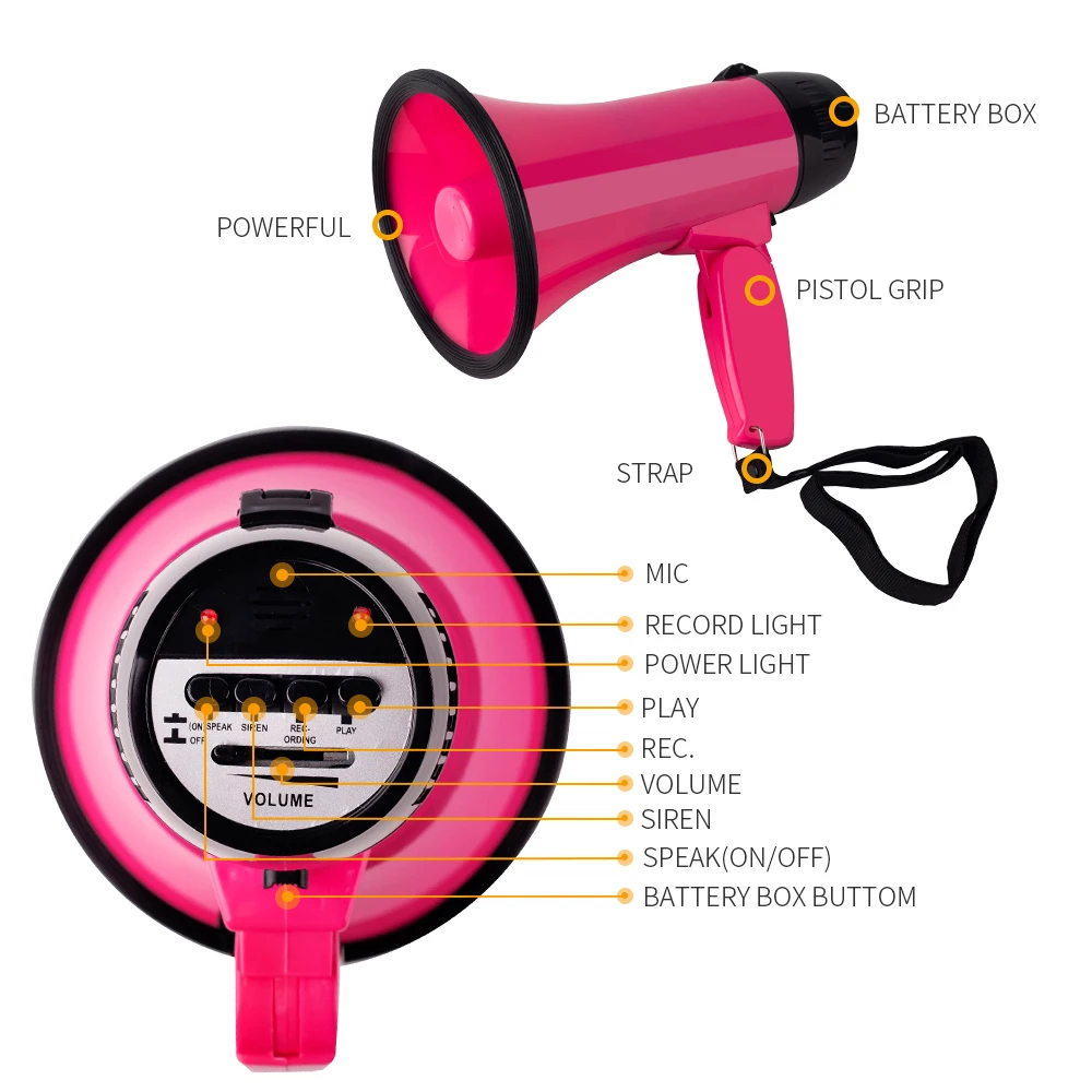 

Mealivos Portable Loudspeaker 20 Watt Power Pink Megaphone Speaker Strap Grip Loudspeaker Record Play