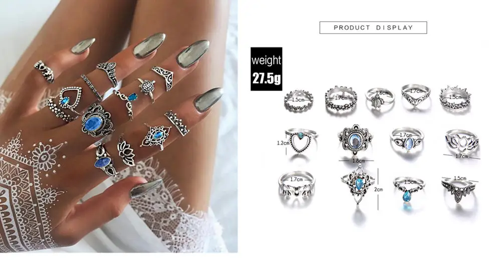 25 styles Bohemian Retro Crystal Flower Elephant Hollow Lotus Gem Silver Ring Set Women Wedding Anniversary Gift