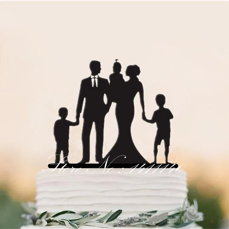 

Personalized Wedding Cake Topper Family Silhouette , Anniversary Party Cake Decal,Custom name with Three Children Cake Topper