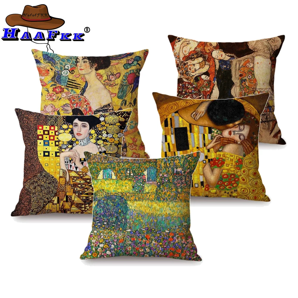 

Gold Luxury Decorative Oil Painting Home Decorative Pillow Case Cover Gustav Klimt Gallery Collection Sofa Chair Cushion Cover