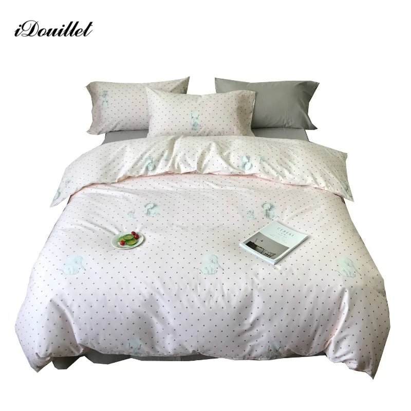 

iDouillet Cartoon Cotton Bedding Set for Kids Cute Small Elephants & Polka Dots Print Duvet Cover Flat Fitted Sheet Pillowcases