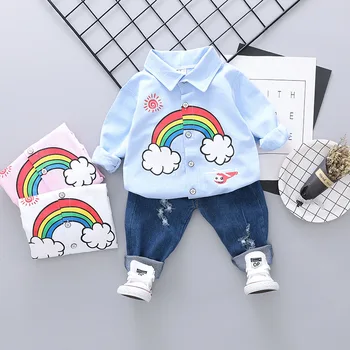 

2019 Spring Baby Boy Girl Clothes Set Rainbow Print Shirt Jeans Pants 2Pcs Casual Suits Children Toddler Tracksuits