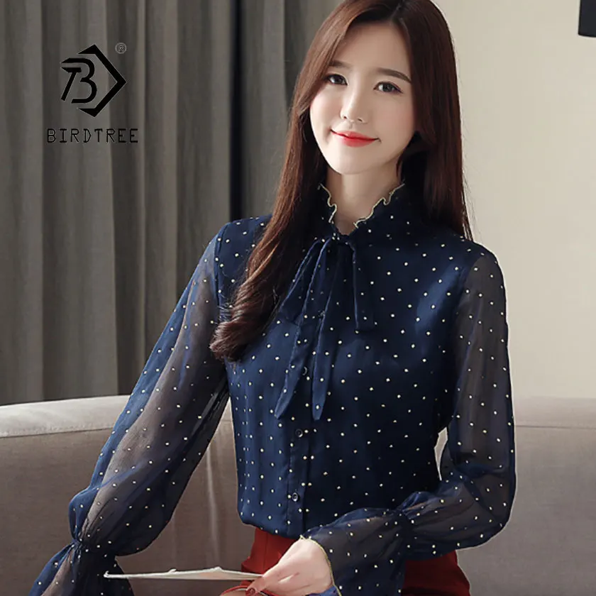 2019 New Fashion Women's Polka Dot Lace Up Bow Shirt Long Flare Sleeve Chiffon Button Stand Blouses Office Lady Hot SalesT91603Z |