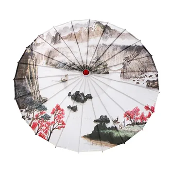 

Classical Style Oil Paper Umbrella Mountain Gorge Tree Chinese Silk Cloth Umbrella A Sailboat River Rapids Decorative Umbrella
