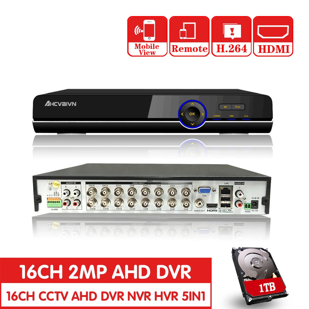 

16CH 5 in1 AHD DVR support CVBS TVI AHD Analog IP Cameras HD P2P Cloud H.264 VGA HDMI video recorder RS485 Audio 4CH Alarm input