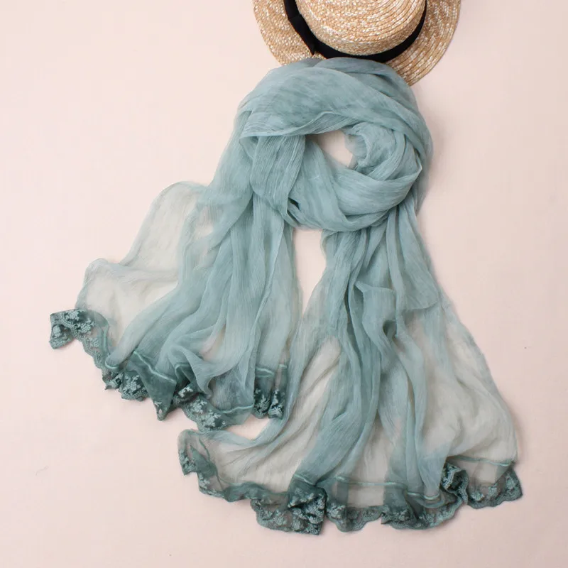 

new style real silk solid scarf with lace gradient high quality for women