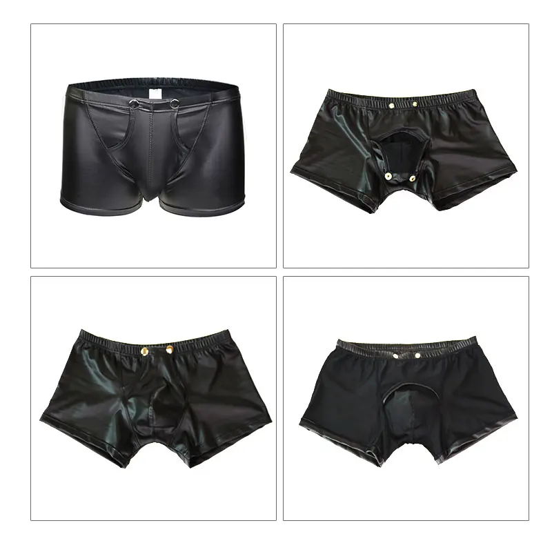 2Pcs Sexy Black Underwear Men Patent Leather Boxers Nylon Low Waist Boxer Shorts Gay Tights Panties Male Capsule Underpants (4)