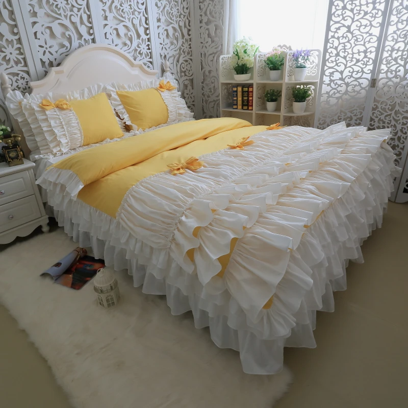 White Yellow Bright Color Waterfall Ruffle Duvet Cover Set Korean