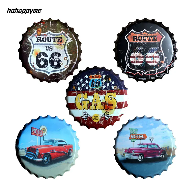 40 CM Round Route 66 Relief Bottle Cap Vintage Tin Sign Bar Pub Home Wall Decor Retro Metal Art Poster