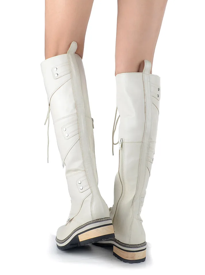 Prova Perfetto белые рыцарские сапоги в британском стиле из натуральной кожи с перекрестной шнуровкой и заклепками удобные теплые сапоги до колена на толстой подошве и высоком каблуке