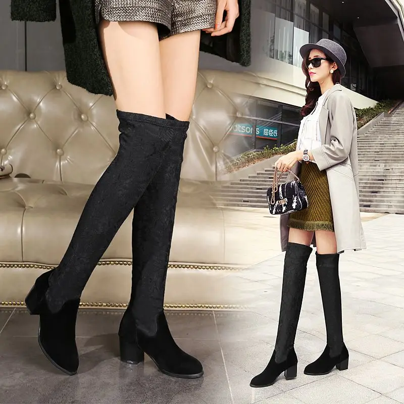 

Women's Over knee High Winter Snow Boots Square Med Heel Ladies Sexy Long Boots Plush Quilted Warm Woman Snow Shoes for Party