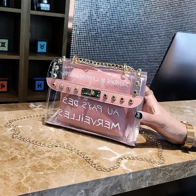 2019 желе сумка Для женщин Прозрачная ПВХ пленка письмо Карамельный цвет Crossbody Топ