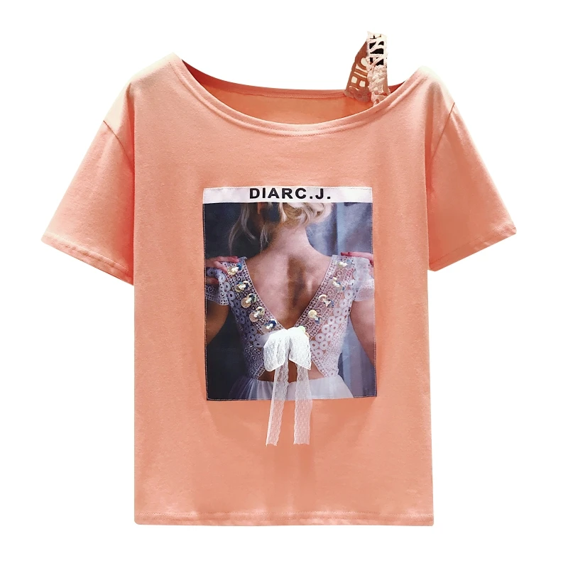 

Loose T-shirt Women Print Lace Bow Patchwork Short Sleeve Off-shoulder Skew Collar Tops Shirt Summer Camiseta Mujer T97492