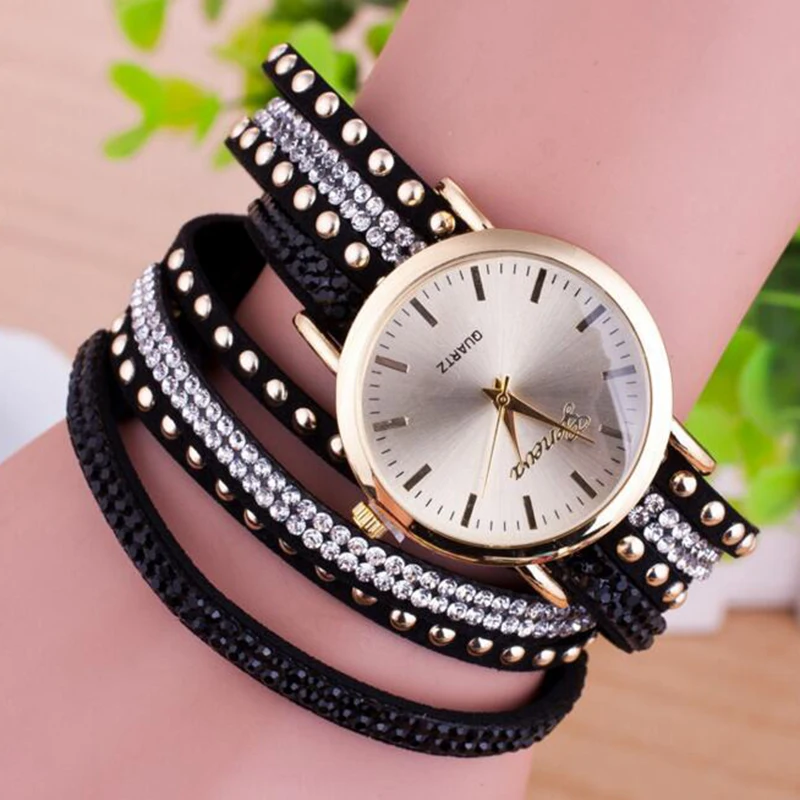 font b Steampunk b font Black Leather PU Rhinestone Multi Layered Bracelet font b Watches