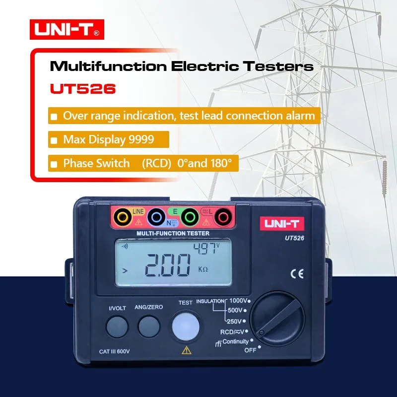 

UNI-T UT526 Multi-function digital electric meter Electrical Insulation Tester Earth Resistance Meter+RCD Test+Continuity+AC/DCV