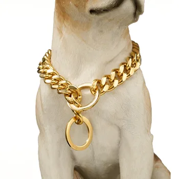 

New Gold Stainless Steel Big Dog Pet Collar Safety Anti-lost Chain Necklace Curb Cuba Dog Supplies Wholesale 12-24" 15mm Jewelry
