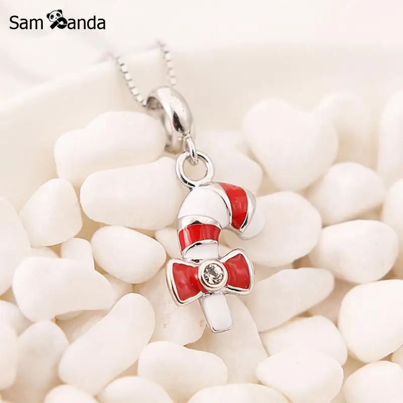 

New 100% 925 Sterling Silver Beads Cute Charm Candy Cane With Bow Knot Pendant Charms Fit Pandora Bracelets Women Diy Jewelry