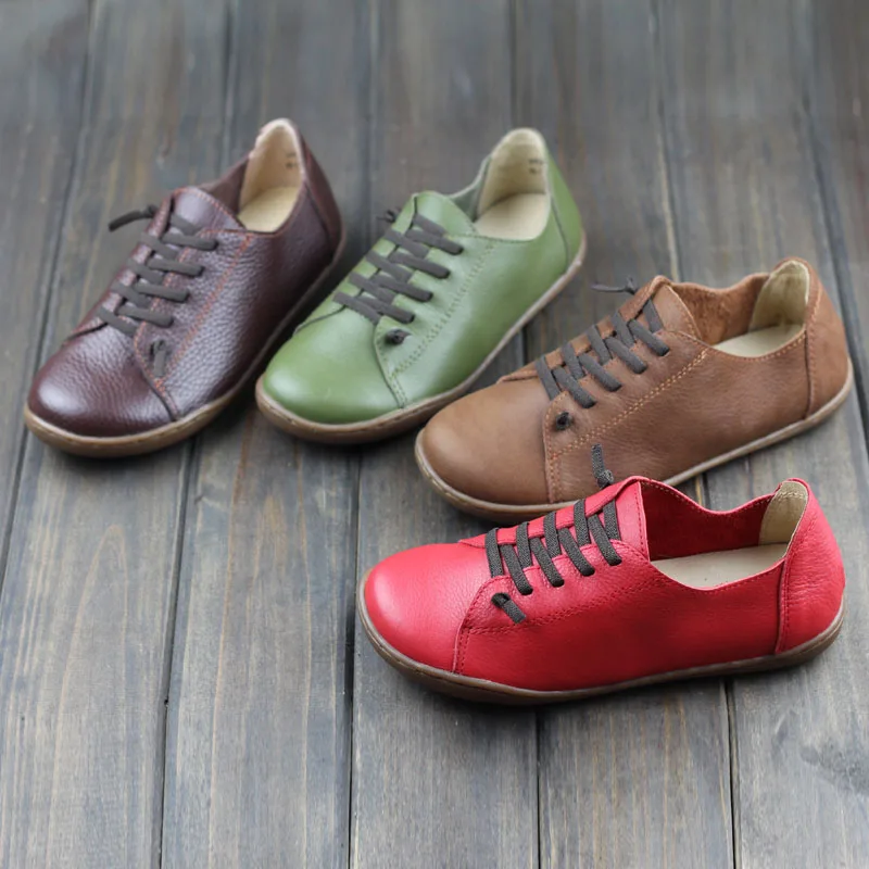Women Shoes Flat 100 Authentic Leather Round toe Lace up Ladies Shoes