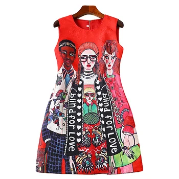 

XF 2018 High Quality Fashion Designer Summer Bohemian Women'S Party Round Neck Sleeveless Cartoon Print Jacquard Short Dress