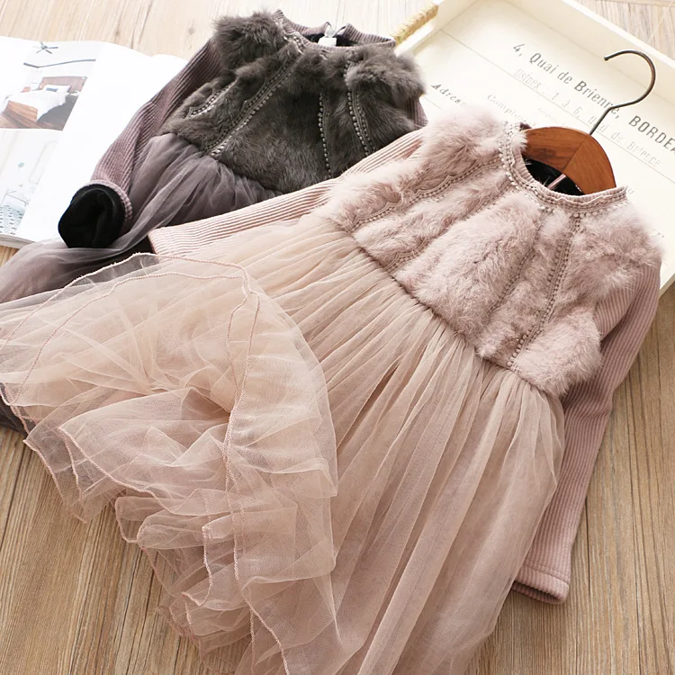 

New Baby Girls Clothes Long-sleeved Faux Fur Top Tulle Dress Velvet Dress+Fur Vest One Piece Girls Dress Warm winter 10sets/lot