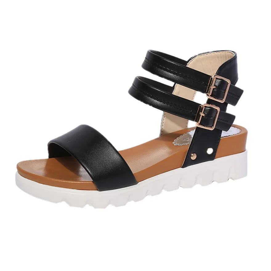 Fashion Women Summer Simple Sandals Leather Flat Sandals Ladies Casual Peep Toe Flat Buckle Shoes Sandales