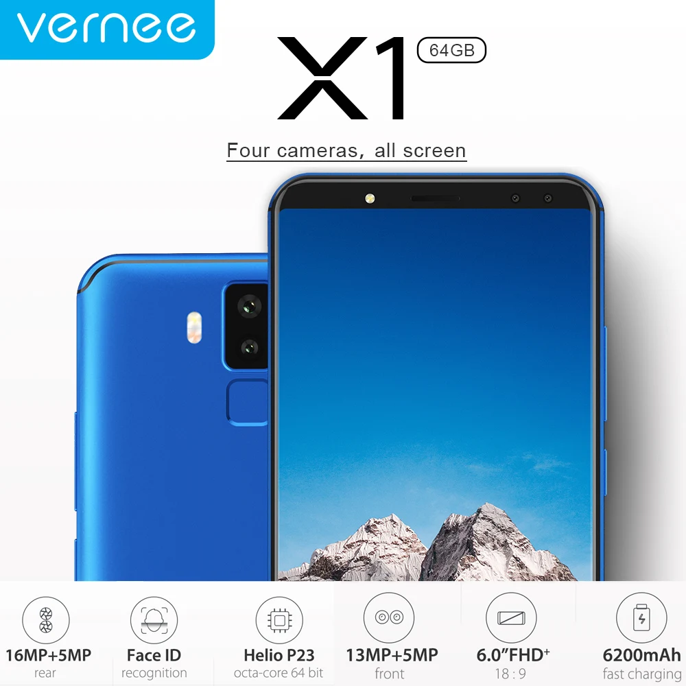 Excellent Vernee X1 4G 6200mAh Face ID Smartphone 6GB RAM 64GB ROM Helio P23 MTK6763 Android 7.1 16+5MP 13MP+5MP 4-Cam Fingerprint 1